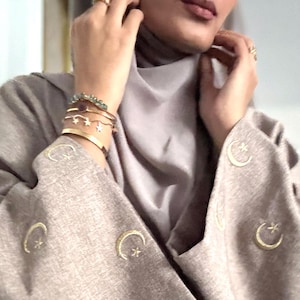 Gold Moon Star Butterfly Abaya & Hijab Set celestial kimono embroidered eid mosque modest muslim women Emirates Arab kaftan plus-size cover