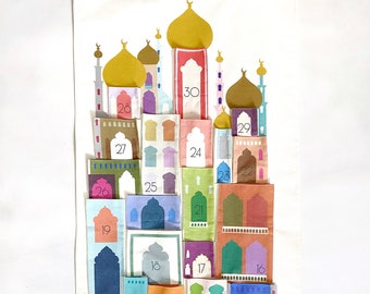 Calendario de bolsillo de 30 días con buenas acciones para el Eid y el Ramadán / Ciudad mezquita, arte islámico, niños musulmanes, Eid, mezquita, ayuno, iftar
