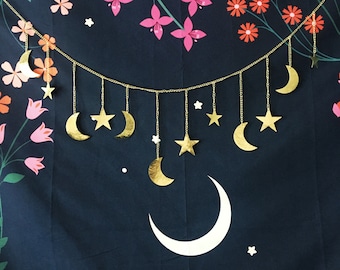 Gold Hammered Metal Moon & Star Garland hammered metal, lunar, chakra, nature lover, astronomy, star, home holiday decor, space, fairy, home