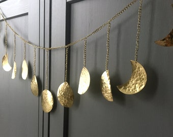 Gold Moon Phase Garland, hammered metal, lunar, chakra, nature lover, astronomy, stars, home holiday decor