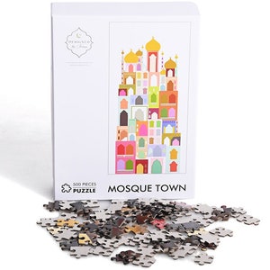 NEW! Colour Block Mosque Town 500 Piece Puzzle Mosque town, Islamic art, muslim kids, eid, masjid, fast, iftar, Ramadan, hajj, umra, kabaah