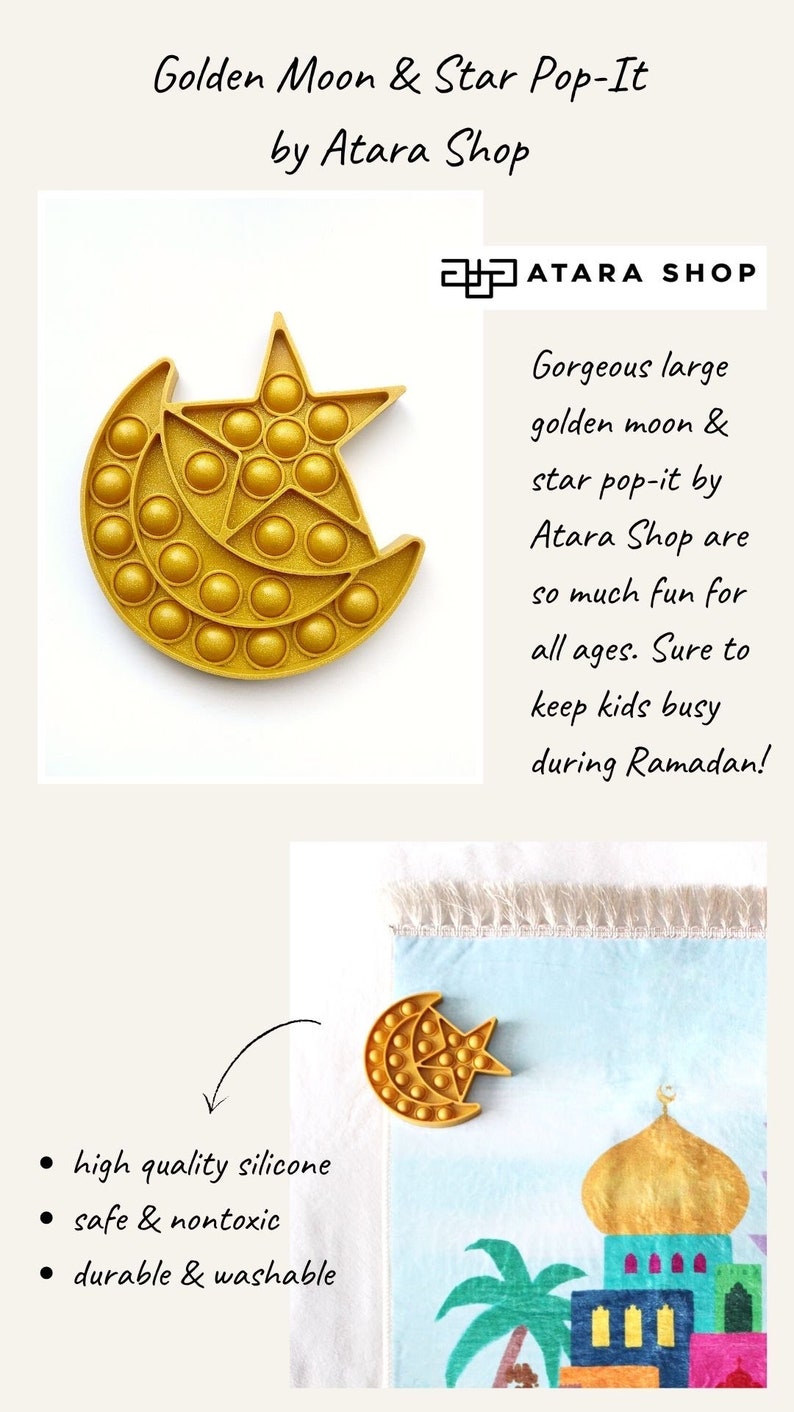 K&ouml;nnte beinhalten: Ein goldfarbenes Mond- und Stern-Pop-It-Spielzeug. Das Pop-It besteht aus hochwertigem Silikon und ist sicher, ungiftig, langlebig und waschbar. Der Text auf dem Bild lautet "Golden Moon & Star Pop-It by Atara Shop."