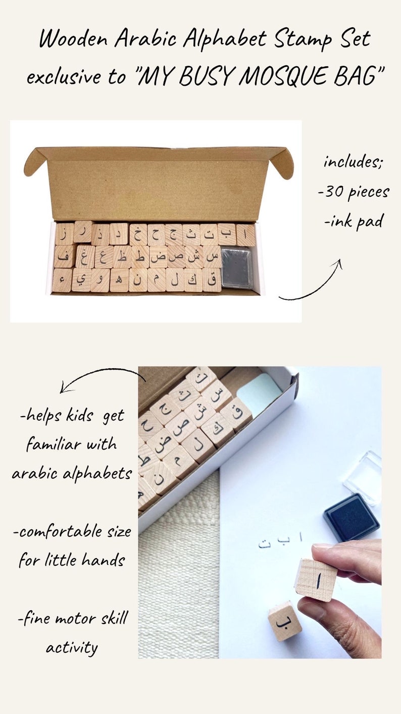 K&ouml;nnte beinhalten: Holzstempel-Set mit arabischem Alphabet, bestehend aus 30 Stempeln und einem Stempelkissen. Das Set hilft Kindern, arabische Buchstaben zu lernen. Die Stempel haben eine angenehme Gr&ouml;&szlig;e f&uuml;r kleine H&auml;nde.