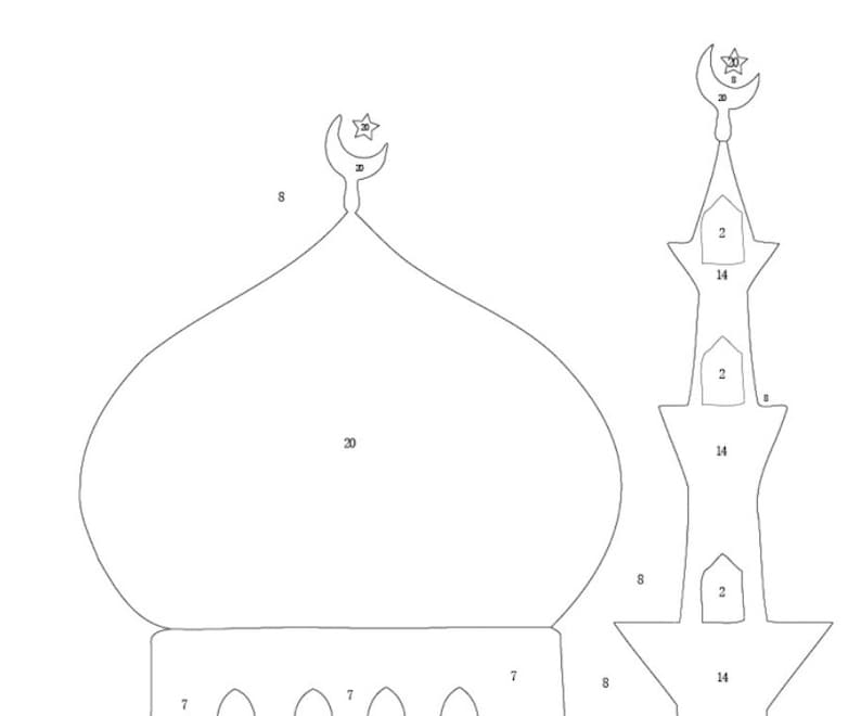 May include: Line drawing of a mosque with a dome and minaret. The dome is topped with a crescent moon and star. The minaret also has a crescent moon and star. Numbers are placed throughout the drawing.