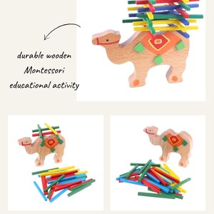 K&ouml;nnte beinhalten: Holz-Kamel-Stapel- und Balancespiel. Das Kamel ist beige mit bunten dekorativen Akzenten. Das Spiel enth&auml;lt farbige Holzst&auml;be zum Stapeln auf dem Kamelr&uuml;cken. Der Text auf dem Bild lautet "Camel Cargo Stacking / Balance Game".