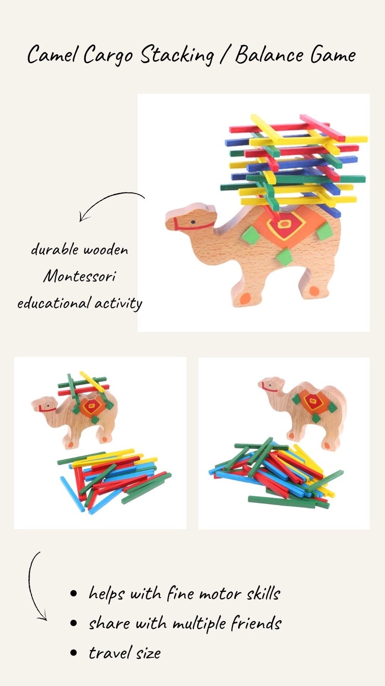 K&ouml;nnte beinhalten: Holz-Kamel-Stapel- und Balancespiel. Das Kamel ist beige mit bunten dekorativen Akzenten. Das Spiel enth&auml;lt farbige Holzst&auml;be zum Stapeln auf dem Kamelr&uuml;cken. Der Text auf dem Bild lautet "Camel Cargo Stacking / Balance Game".