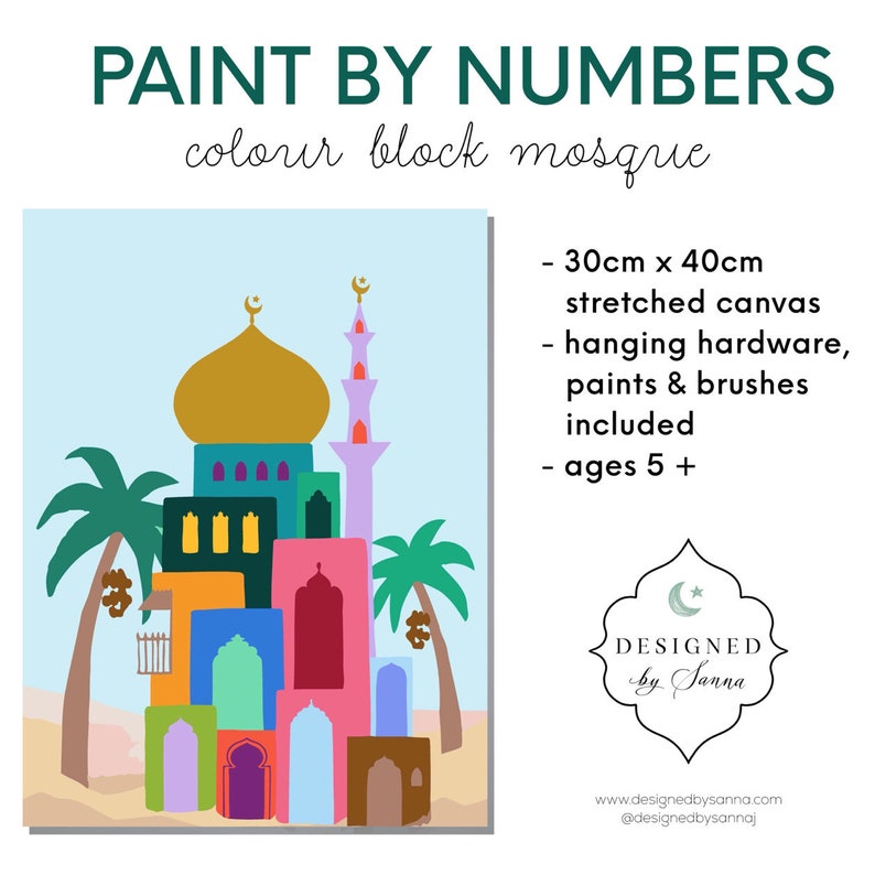Paint-By-Numbers Canvas Kit with Mosque | Wall Art Masjid Islamic Architecture Colourful festive Ramadan muslim activity Masjid Paint night image 5