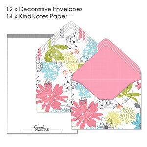 May include: A set of 12 decorative envelopes and 14 sheets of stationery paper. The envelopes and paper feature a floral design with pink, blue, green, and yellow flowers on a white background. The paper has the text "Kind Notes" printed on the bottom.