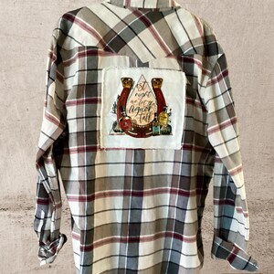 Redesigned Reworked Lucky Brand XL Flannel Shirt: Horseshoe Liquor Bottles Graphic states “Last night we let the liquor talk” on back patch