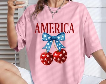 Camiseta Cherry USA – Linda camiseta de 4 de julho com laço – Camiseta americana para mulheres