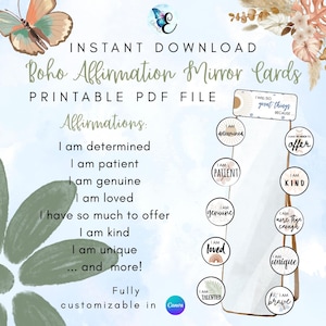 Tarjetas de Afirmaciones Boho con Espejo: 33 frases positivas "Yo Soy" imprimibles para niños / Decoración para la salud mental y el aprendizaje socioemocional / Descarga en PDF