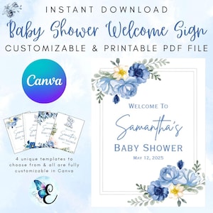 Boho Baby Shower Welcome Sign – Blue Floral Greenery | 4 Editable Canva Templates | Printable Baby Shower Decor