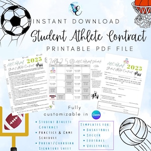 Op de afbeelding: Printbare sjabloon voor een student-atletencontract voor verschillende sporten, waaronder basketbal, voetbal, American football en volleybal. De sjabloon bevat een contract, een trainings- en wedstrijdschema en een handtekeningsblad voor ouders/voogden. De sjabloon is aanpasbaar in Canva.