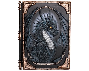 Cuaderno con relieve de dragón negro – Cuaderno de tapa dura de fantasía con detalles metálicos góticos