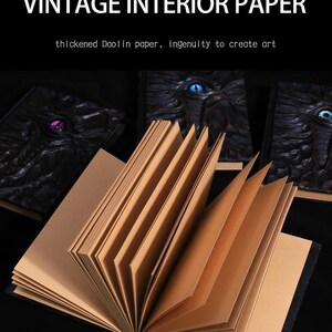 May include: An open book with tan-colored pages, displayed against a dark background. The cover of the book is black and textured. The text "VINTAGE INTERIOR PAPER" is at the top, with the text "thickened Daolin paper, ingenuity to create art" below it.
