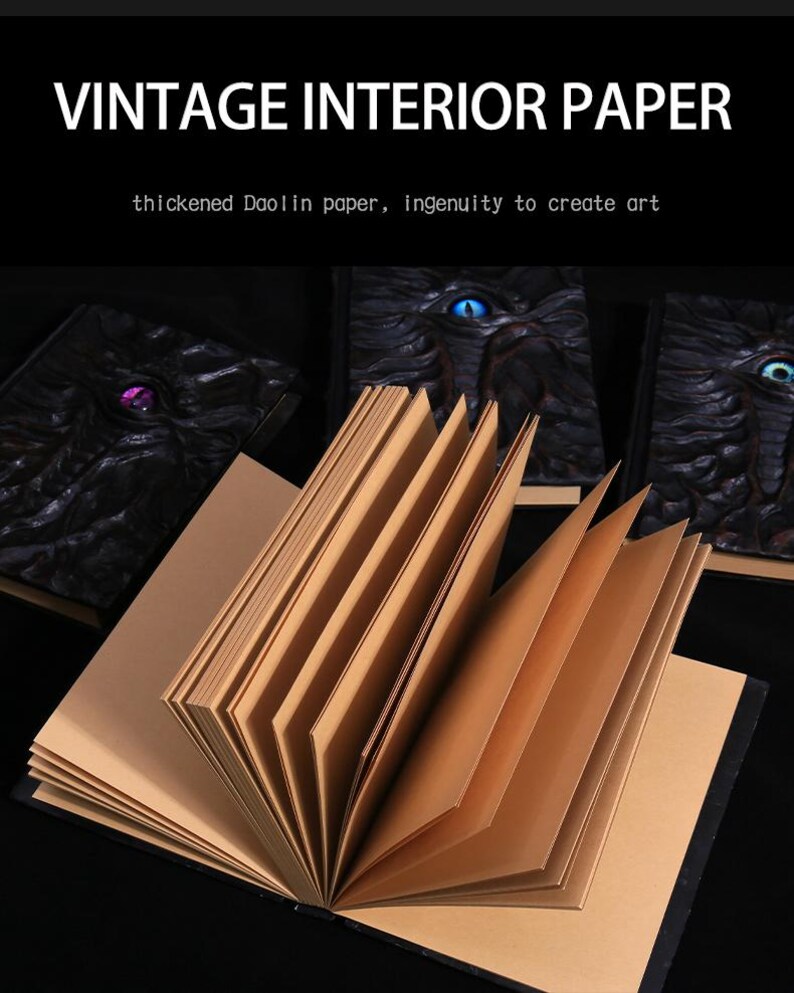 May include: An open book with tan-colored pages, displayed against a dark background. The cover of the book is black and textured. The text "VINTAGE INTERIOR PAPER" is at the top, with the text "thickened Daolin paper, ingenuity to create art" below it.