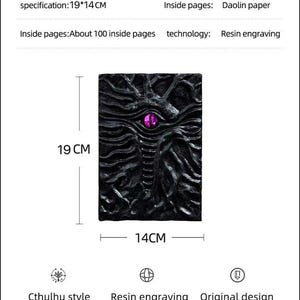 May include: A black ledger with a Cthulhu design, measuring 19 cm by 14 cm. The cover features a detailed resin engraving of an eye with a purple center. The product information includes details about the Daolin paper inside and the resin engraving technology.