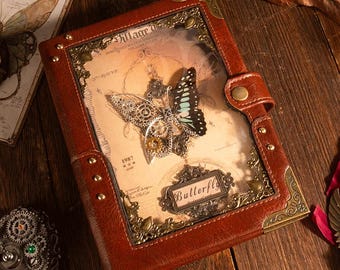 Steampunk Butterfly Leather Journal – 3D Gears Cover