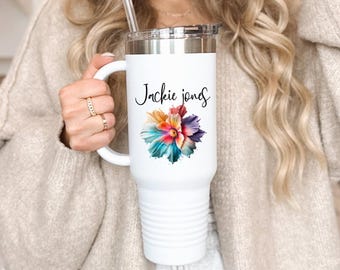Vaso floral personalizado (40 oz): Taza de viaje con nombre personalizado y asa