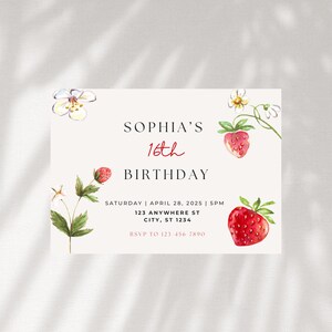Editable Minimalistic Strawberry Floral Invitation | Customizable Girls Strawberry Birthday Invitations | Digital Download
