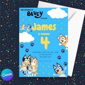 Convite de aniversário Bluey | Convite de aniversário Bluey editável para meninos | Download digital e instantâneo | Personalizável no Canva