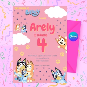 Convite de aniversário Bluey | Convite de aniversário Bluey editável para meninas | Download digital e instantâneo | Personalizável no Canva