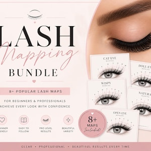 May include: An advertisement for a lash mapping bundle, featuring the text "Lash Mapping Bundle" and "8+ Popular Lash Maps". The image includes illustrations of various lash styles, including Cat Eye, Doll Eye, and Wispy. The colour scheme is predominantly soft pink and white.