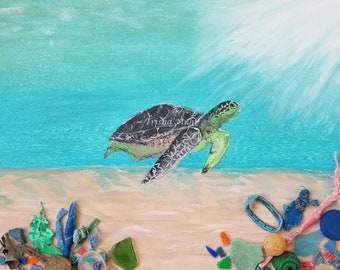 Green sea turtle print, Recycled Ocean plastic, Coral artwork, Ocean decor, beach house decor, Eco friendly artwork, Save the turtles