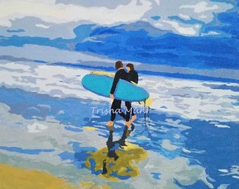 May include: Two people in black wetsuits walk along a sandy beach carrying a blue surfboard. The water is a light blue and the sky is a light blue with white clouds.