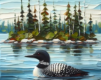 May include: A painting of a loon swimming in a lake with a small island in the background. The loon is black and white with a red eye. The island is covered in green trees and the lake is blue. The painting is done in a textured style.