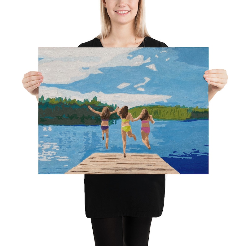 Jumping off the dock, Summer print, Girls at the lake, Poster, Lake Print, Lake decor, Cabin decor, At the lake, Original artwork, Up North