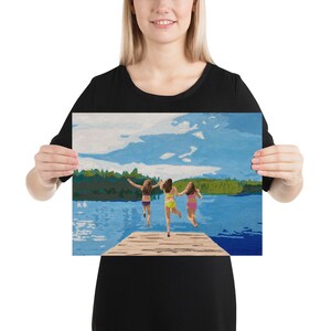 Jumping off the dock, Summer print, Girls at the lake, Poster, Lake Print, Lake decor, Cabin decor, At the lake, Original artwork, Up North