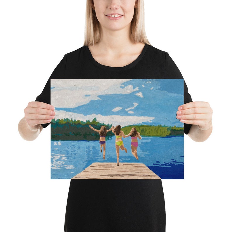 Jumping off the dock, Summer print, Girls at the lake, Poster, Lake Print, Lake decor, Cabin decor, At the lake, Original artwork, Up North