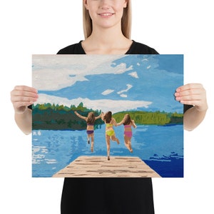 Jumping off the dock, Summer print, Girls at the lake, Poster, Lake Print, Lake decor, Cabin decor, At the lake, Original artwork, Up North