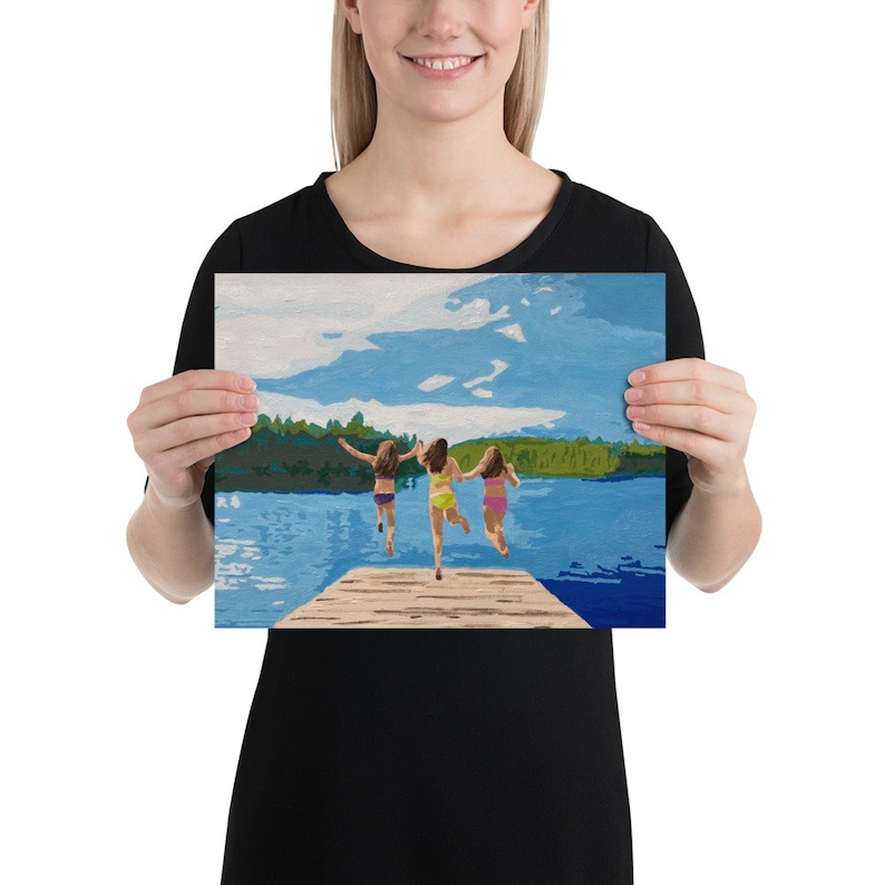 Jumping off the dock, Summer print, Girls at the lake, Poster, Lake Print, Lake decor, Cabin decor, At the lake, Original artwork, Up North