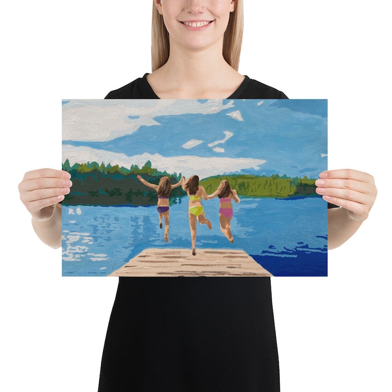 Jumping off the dock, Summer print, Girls at the lake, Poster, Lake Print, Lake decor, Cabin decor, At the lake, Original artwork, Up North