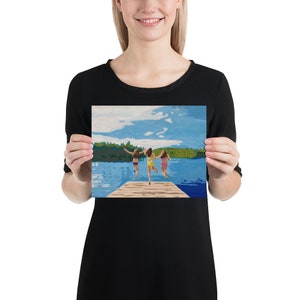 Jumping off the dock, Summer print, Girls at the lake, Poster, Lake Print, Lake decor, Cabin decor, At the lake, Original artwork, Up North