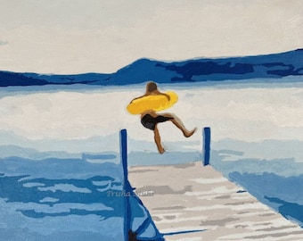Lake print, Jumping off the dock, Yellow inner tube, lake painting, cabin decor, Up north, summer day