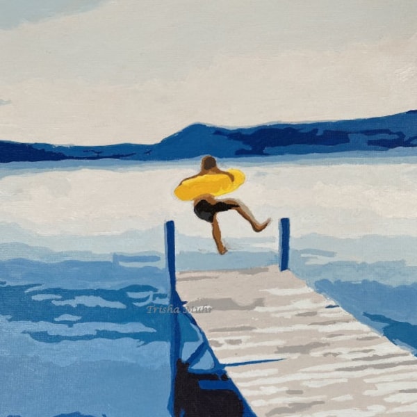 Lake print, Jumping off the dock, Yellow inner tube, lake painting, cabin decor, Up north, summer day