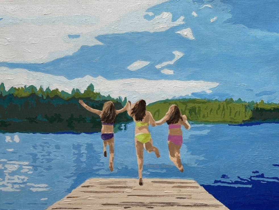 Jumping off the Dock, Summer Print, Girls at the Lake, Poster