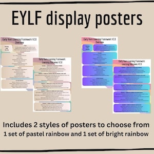 May include: Two sets of colorful posters with the text "Early Years Learning Framework V2.0" and "Overview" and "Learning Outcomes V2.0". One set is in pastel rainbow colors and the other set is in bright rainbow colors. The posters are for use in early childhood education.