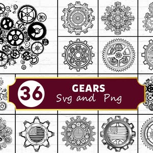 May include: A collection of black and white gear designs in various styles. The image includes a banner with the number "36" and the words "GEARS Svg and Png". The gears are arranged in different patterns and sizes.