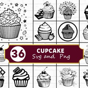 以下が含まれることがあります： 白黒のカップケーキのデザインコレクション。各カップケーキは、チェリー、イチゴ、チョコレート、ハートなどのさまざまなトッピングでユニークに装飾されています。画像には「36 CUPCAKE Svg and Png」というテキストが含まれています。