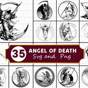 May include: Collection of 35 black and white illustrations featuring the Angel of Death. The images depict the Grim Reaper with a scythe, some within circular frames. The text "ANGEL OF DEATH Svg and Png" is also present.
