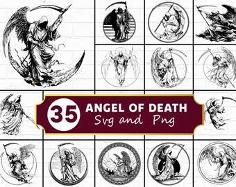 Op de afbeelding: Collectie van 35 zwart-wit illustraties met de Engel des Doods. De afbeeldingen tonen de Grim Reaper met een zeis, sommige in cirkelvormige frames. De tekst "ANGEL OF DEATH Svg and Png" is ook aanwezig.
