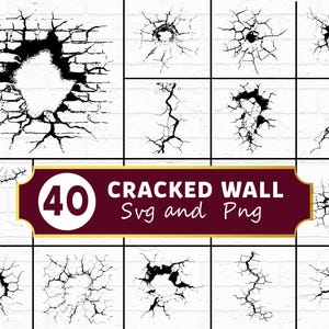 Könnte beinhalten: Eine digitale Kunstsammlung mit 40 Designs für Risswände im SVG- und PNG-Format. Die Designs zeigen verschiedene Rissmuster und Wandschäden, ideal für digitale Kunstprojekte.