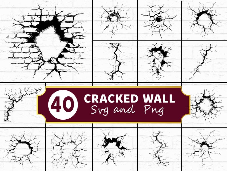 Cracked Wall SVG PNG Bundle, Broken Texture Clipart, Grunge Concrete ...