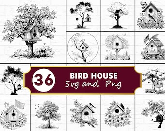 Bird House SVG PNG Bundle, Garden Silhouette Clipart, Rustic Spring Cricut Files, Nature Vector