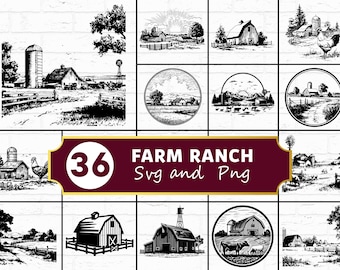 Paquete SVG PNG de rancho de granja, clipart de silueta de granero, archivos de corte Cricut de casa de campo vectorial