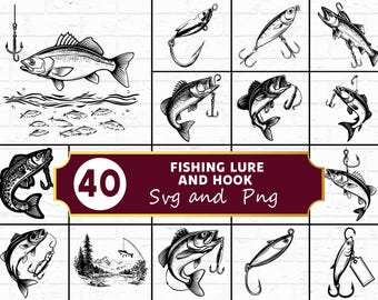 Paquete de archivos SVG de señuelos y anzuelos de pesca, silueta de pescador en formato PNG, imágenes prediseñadas de equipo de pesca, aparejos para lubina.